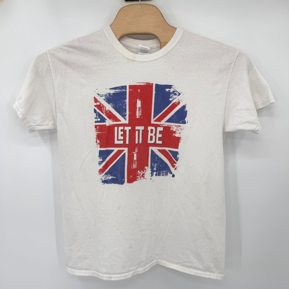Gildan T-Shirt Men L White Let It Be Union Jack Graphic British Rock Tee Flaws